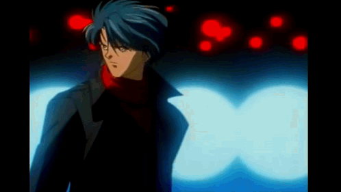 A Man With Blue Hair And A Red Scarf Is Standing In Front Of A Blue Light GIF
