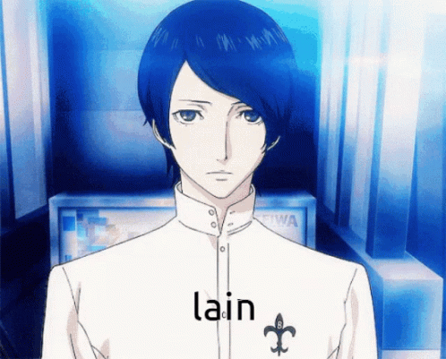A Man With Blue Hair And A White Shirt That Says Lain GIF