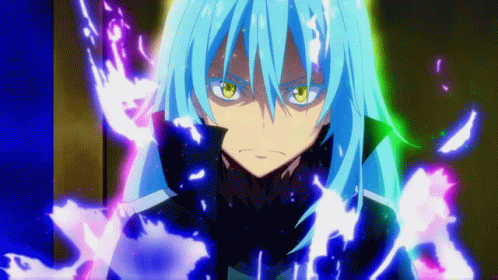 A Man With Blue Hair And Yellow Eyes Is Surrounded By Purple And Blue Flames . GIF