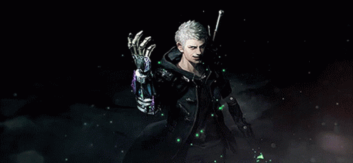 A Man With Blue Hair Is Holding A Gun That Says ' Devil May Cry ' On The Front GIF