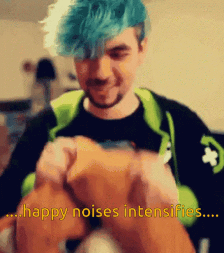 A Man With Blue Hair Is Holding A Stuffed Animal And Says Happy Noises Intensifies GIF