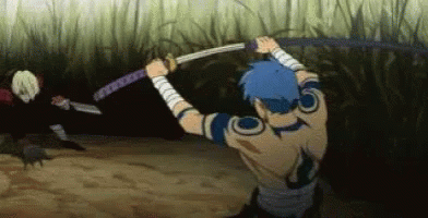 A Man With Blue Hair Is Holding A Sword While Another Man Is Holding A Sword . GIF
