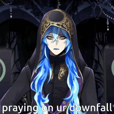 a man with blue hair is praying on ur downfall in a dark room