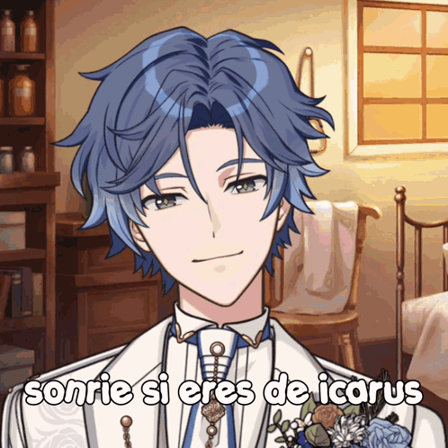 A Man With Blue Hair Is Smiling And Says Sonrie Si Eres De Iconus GIF