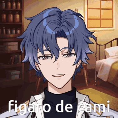 A Man With Blue Hair Is Smiling In A Bedroom With The Words Figaro De Cami Written On His Face GIF
