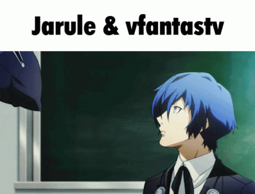 A Man With Blue Hair Is Standing In Front Of A Blackboard With The Words Jarule & Vfantastv Above Him GIF