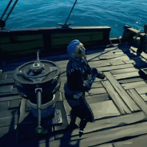 A Man With Blue Hair Is Standing On A Boat Looking At The Water GIF
