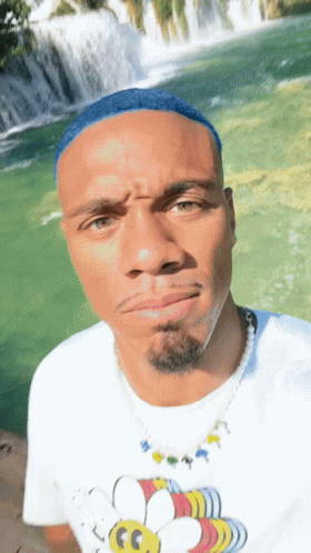 A Man With Blue Hair Is Wearing A White Shirt With A Bee On It In Front Of A Waterfall GIF