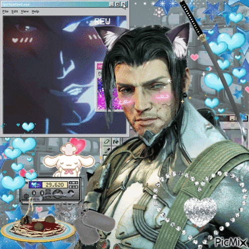 A Man With Cat Ears And A Sword Is Surrounded By Hearts And A Computer Screen That Says Picmix On It GIF