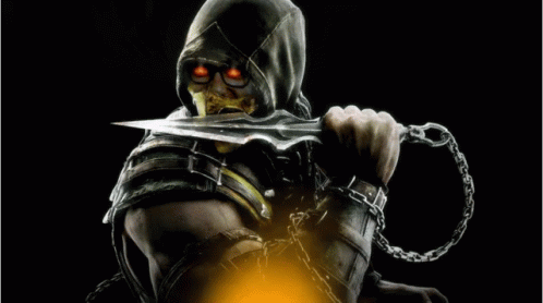 A Man With Chains Around His Arms Is Holding A Knife GIF