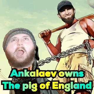 A Man With Chains Around His Neck Is Holding A Baseball Bat And The Words " Ankalev Owns The Pig Of England " GIF