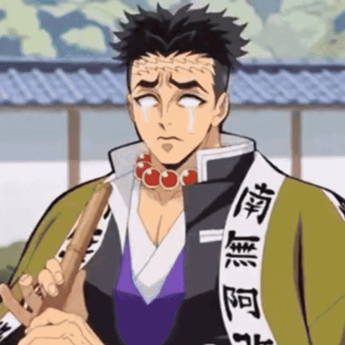 A Man With Chinese Writing On His Sleeve Is Holding A Flute And Crying GIF