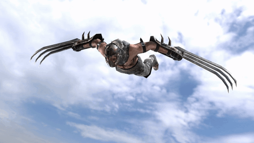 A Man With Claws On His Arms Is Flying In The Sky GIF