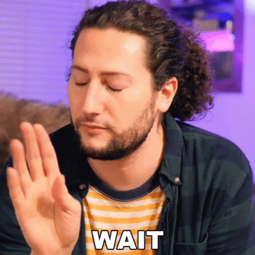 A Man With Curly Hair And A Beard Is Making A Gesture With His Hand And Says Wait GIF