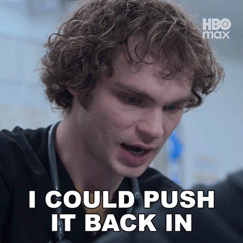 A Man With Curly Hair And A Stethoscope Around His Neck Says I Could Push It Back In GIF
