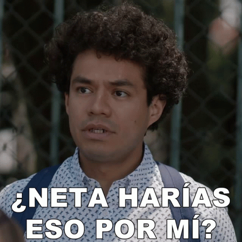 A Man With Curly Hair Has The Words " Neta Harias Eso Por Mi " Above His Head GIF