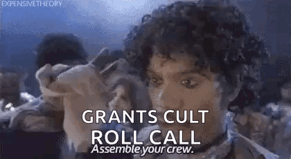 A Man With Curly Hair Is Holding A Pig And Says `` Grants Cult Roll Call Assembly Your Crew '' . GIF