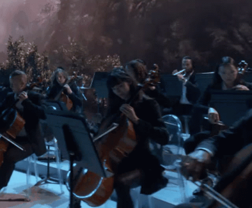 A Man With Curly Hair Is Playing A Flute In Front Of An Orchestra GIF