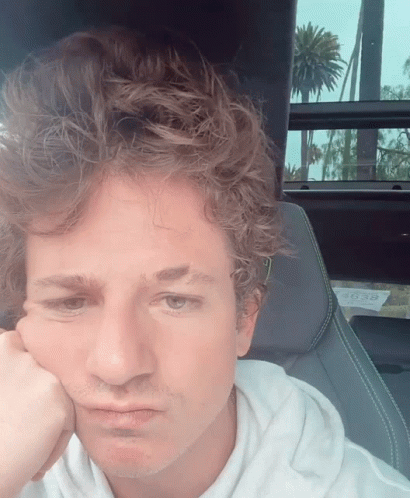A Man With Curly Hair Is Sitting In A Car With His Hand To His Face GIF