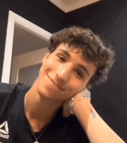 A Man With Curly Hair Is Smiling With His Hand On His Chin . GIF