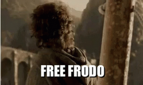 A Man With Curly Hair Is Standing Next To A Pole With The Words `` Free Frodo '' On It . GIF