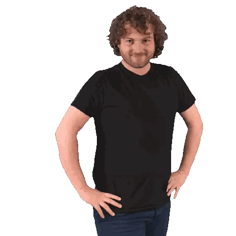 a man with curly hair is wearing a black shirt and blue jeans