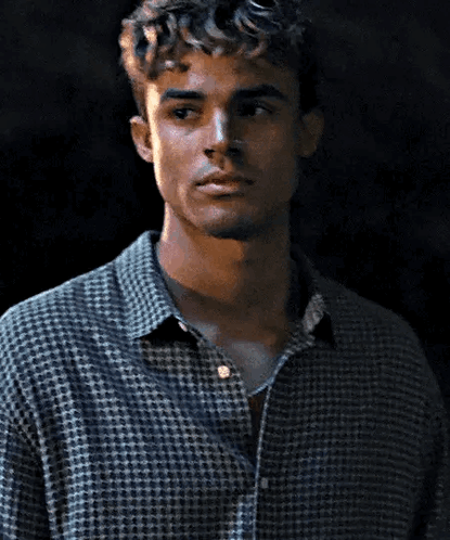A Man With Curly Hair Is Wearing A Plaid Shirt And A Necklace GIF