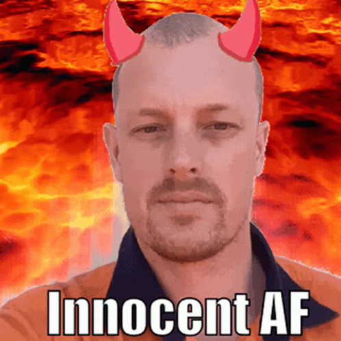 A Man With Devil Horns And The Word Innocent Af GIF