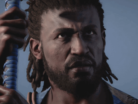 A Man With Dreadlocks And A Beard Holds A Blue Object In His Hand GIF