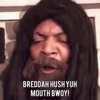 A Man With Dreadlocks And A Beard Is Saying Breeddah Hush Yuh Mouth Bwoy . GIF