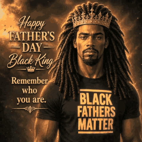 A Man With Dreadlocks And A Crown On His Head Is Wearing A Shirt That Says Black Fathers Matter GIF