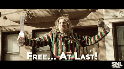 A Man With Dreadlocks Is Holding A Bong And Says Free At Last On The Screen GIF