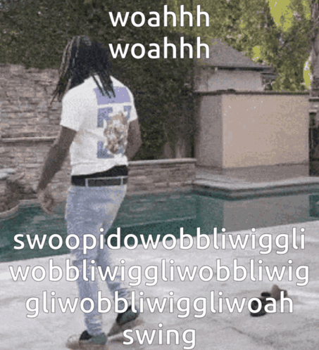 A Man With Dreadlocks Is Standing In Front Of A Pool And Says Woahhh GIF