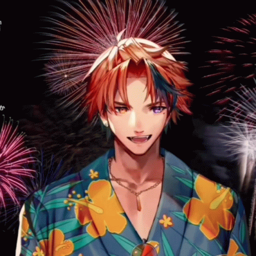 Man With Fireworks In Background Wearing Blue Shirt With Flowers GIF