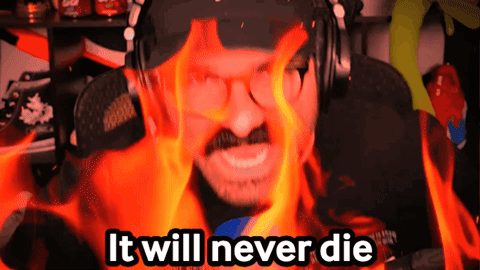 A Man With Flames Coming Out Of His Head And The Words " It Will Never Die " GIF