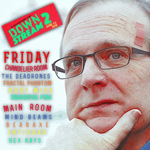 A Man With Glasses And A Bandage On His Forehead Is On The Cover Of A Poster For Downstream 2 GIF