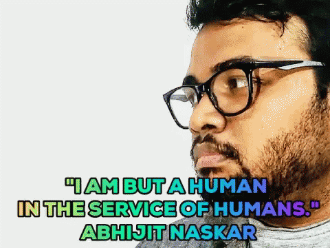 A Man With Glasses And A Beard Has The Words " I Am But A Human In The Service Of Humans " GIF