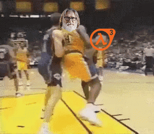 A Man With Glasses And A Beard Is Carrying Another Man On His Shoulders On A Basketball Court GIF