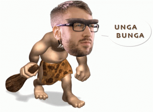 A Man With Glasses And A Beard Is Holding A Stick And Says Unga Bunga GIF