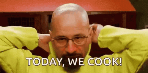A Man With Glasses And A Beard Is Holding His Hands Behind His Head And Says Today We Cook . GIF