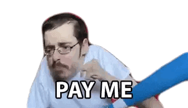 a man with glasses and a beard is saying `` pay me '' while holding a blue pillow .