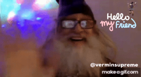 A Man With Glasses And A Beard Is Smiling With The Words Hello My Friend Above Him GIF