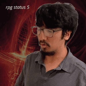 A Man With Glasses And A Beard Is Standing In Front Of A Red Background With The Words Rpg Status 5 On It GIF