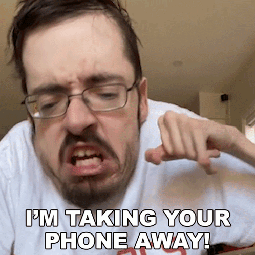 A Man With Glasses And A Beard Says " I 'M Taking Your Phone Away ! " GIF