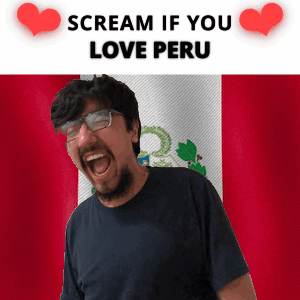 A Man With Glasses And A Beard Screams In Front Of A Flag That Says Scream If You Love Peru GIF