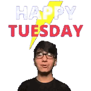 a man with glasses and a lightning bolt behind him says happy tuesday