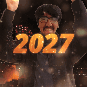 A Man With Glasses And A Mustache Holds His Fist Up In The Air With The Year 2027 Written Above Him GIF