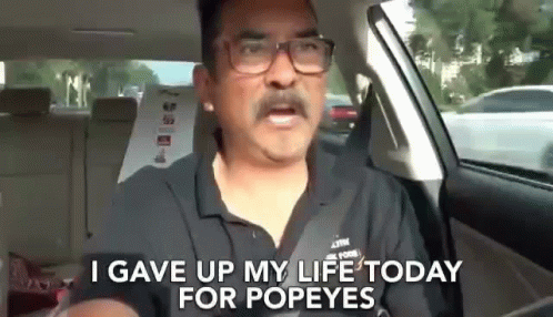 A Man With Glasses And A Mustache Is Driving A Car And Says `` I Gave Up My Life Today For Popeye '' . GIF