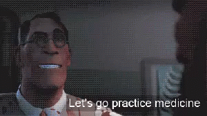 a man with glasses and the words let 's go practice medicine behind him