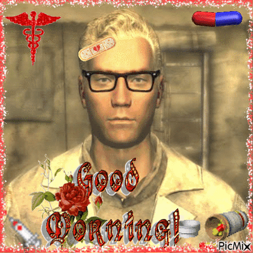 A Man With Glasses Has A Bandage On His Forehead And The Words Good Morning GIF